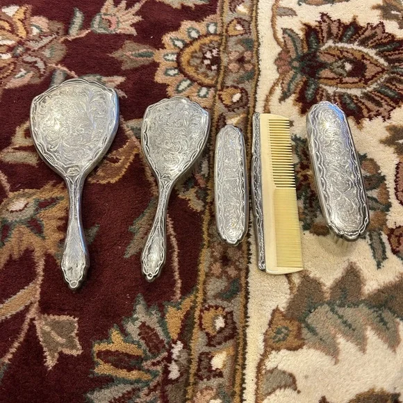 Vintage 800 Silver 5 Piece Vanity Set Comb Brushes and Mirror - Picture 14 of 14